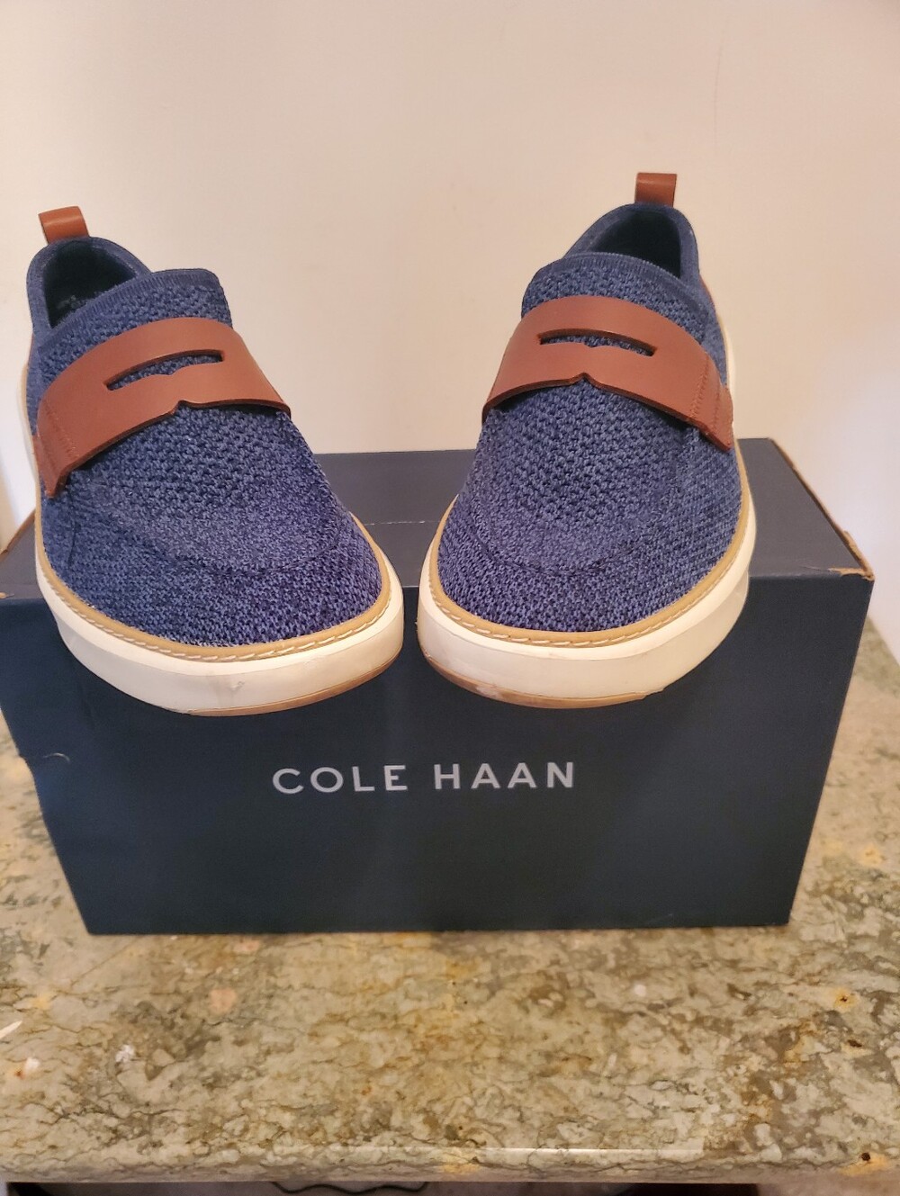 Cole Haan Men’s Navy Knit Slip-On with Brown Strap